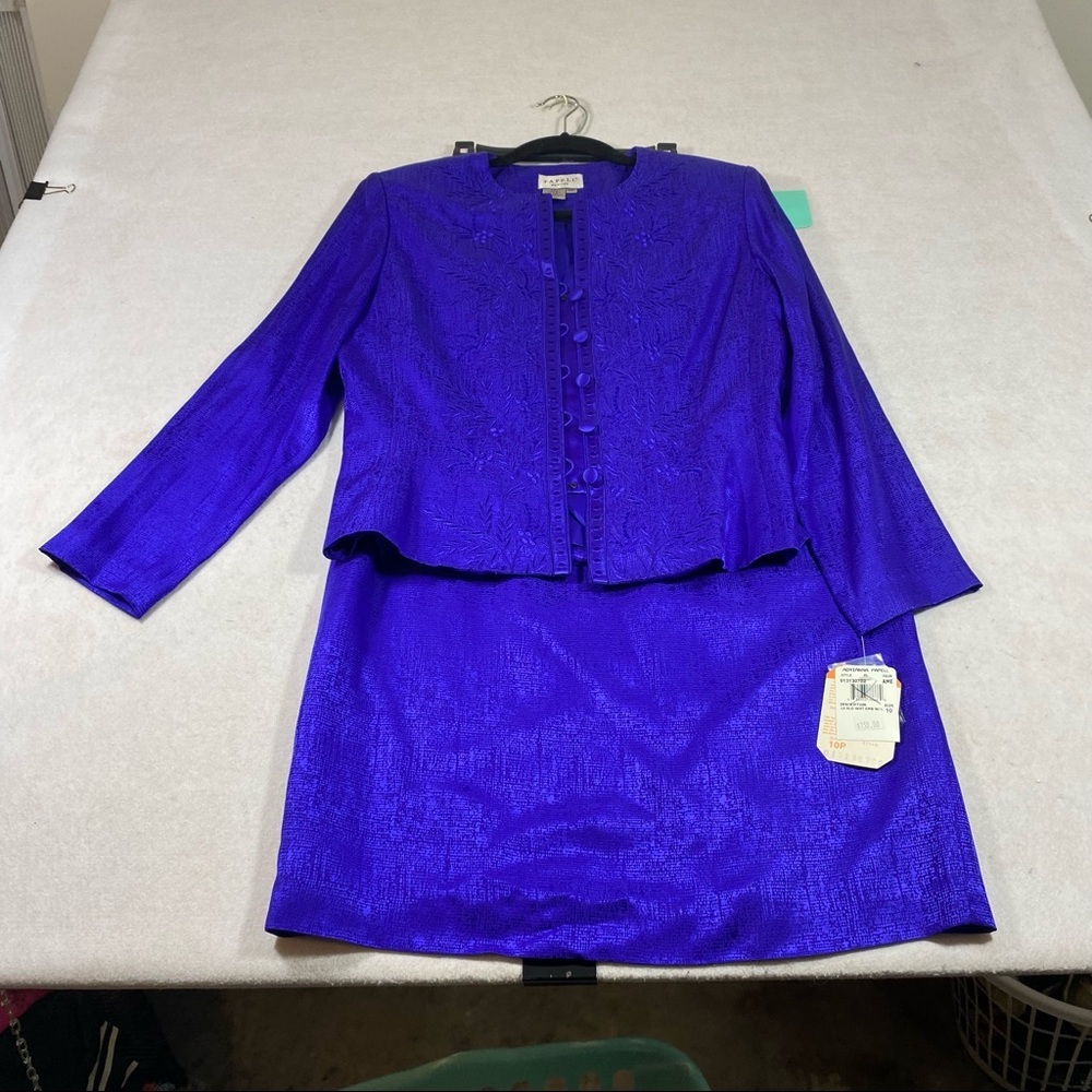 Papell Silk Skirt Set Suit Jacket 10P Long Sleeve Embroidered Luxury Business